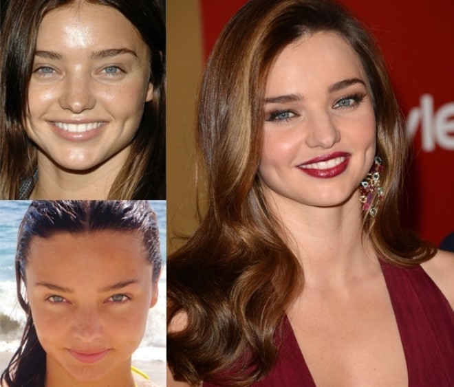 Miranda Kerr khi không trang điểm lộ ra làn da không đều màu cùng đôi mắt quầng thâm. Những điểm này được che giấu tài tình khi cựu thiên thần Victoria's Secret trang điểm.